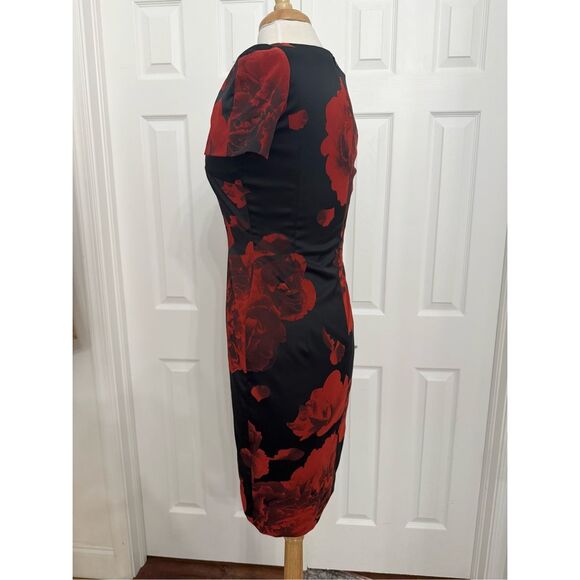 Escada Poppy Black Red Floral Square Neck Short Sleeve Sheath Dress Size 36 M - Picture 2 of 5